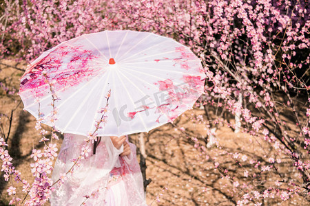 古风桃花摄影照片_古风美女打伞赏花摄影图