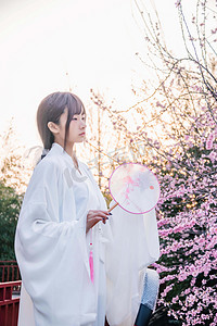 古风美女桃花园春天赏花高清摄影图
