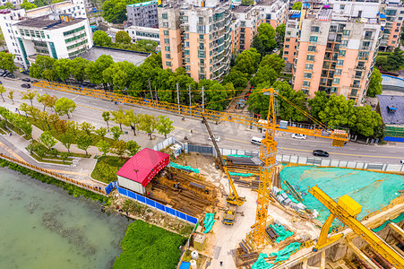 武汉城市建筑白天建筑建筑工程俯视摄影图配图