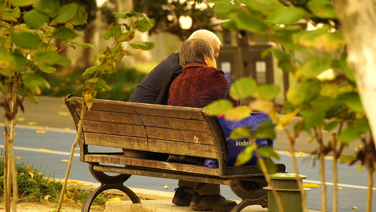 老年人实拍摄影照片_实拍公园老人依偎背影