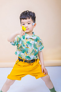 时尚儿童白天可爱小男孩室内拿着蝴蝶摄影图配图