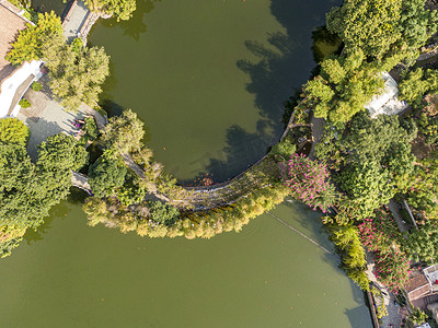 树林俯拍摄影照片_俯拍公园湖水湖面石桥摄影图配图
