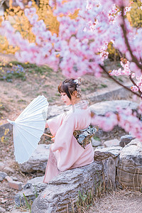 文艺人像白天和服少女户外樱花树撑伞摄影图配图美女