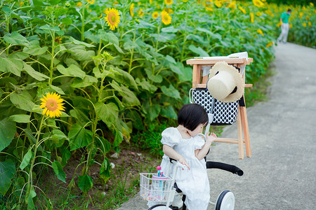 儿童孩子向日葵女孩傍晚女孩向日葵骑车摄影图配图