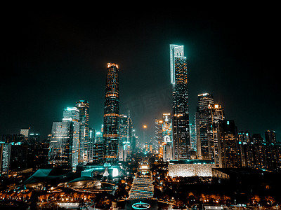 霓虹夜景摄影照片_航拍广州珠江新城cbd夜景摄影图配图