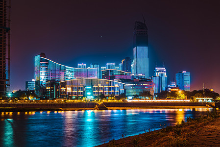 武汉城市建筑夜晚建筑沿江一号俯拍摄影图配图