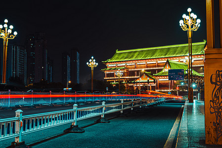 南昌城市地标夜晚地标南昌图书馆慢门光绘摄影图配图