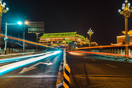 南昌城市建筑夜景光绘建筑南昌图书馆光绘摄影图配图