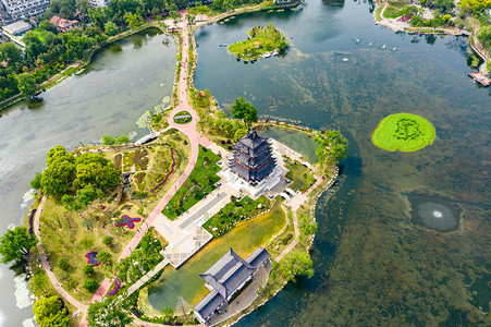 湖晴天摄影照片_武汉城市建筑晴天建筑紫阳湖公园航拍摄影图配图