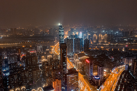 武汉写字楼摄影照片_武汉城市建筑群夜晚建筑群越秀俯视航拍摄影图配图