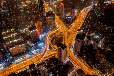 俯拍摄影照片_武汉城市交通夜晚交通宝丰路立交桥航拍俯拍摄影图配图