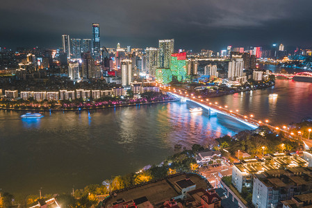 城市夜晚柳州城市夜景江畔无人机摄影图配图