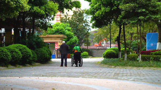 行走的人摄影照片_实拍公园小区里老人老夫妻相依行走的背影关爱老人