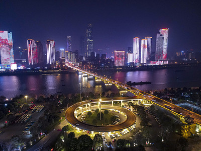 长沙城市摄影照片_航拍湖南长沙交通立交夜景摄影图配图