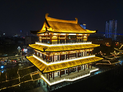 霓虹摄影照片_航拍湖南长沙杜甫江阁夜景摄影图配图