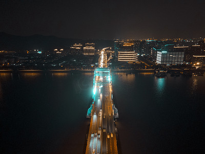 航拍杭州复兴大桥夜景灯光摄影图配图