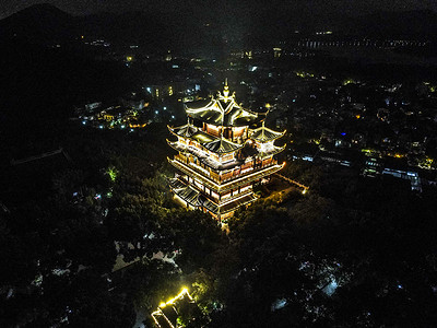 航拍杭州城隍阁夜景灯光摄影图配图
