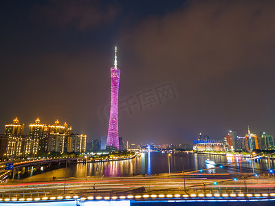 广州夜景广州塔珠江新城车流摄影图配图