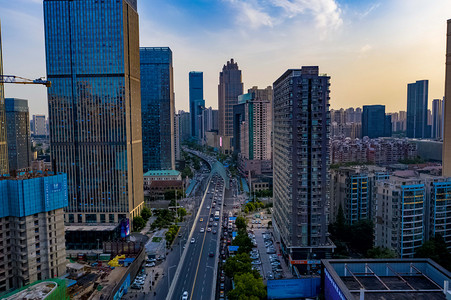 蓝天航拍摄影照片_武汉城市建筑夕阳居民楼汉街航拍摄影图配图