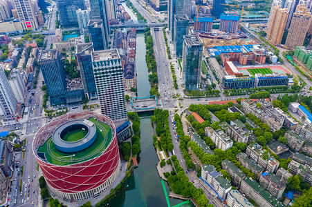 武汉城市地标晴天地标汉街汉秀剧院航拍摄影图配图