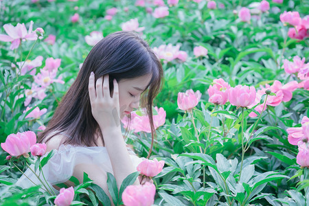 手绘美女冬天摄影照片_立夏夏季早上花丛美女花田芍药花摄影图配图