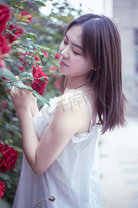 夏季蔷薇花早上美女花园赏花摄影图配图
