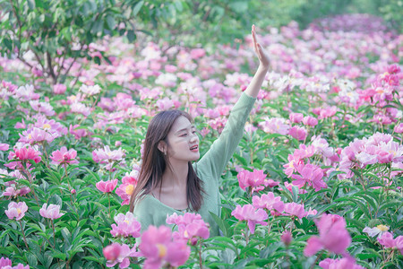 立夏夏季早上美女芍药花户外赏花摄影图配图