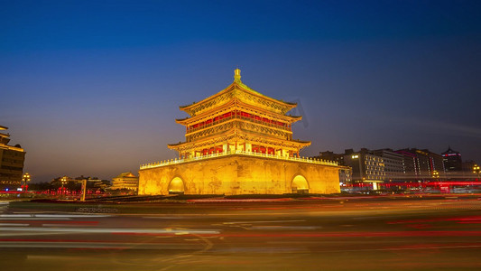 陕西西安市网红地标景点建筑钟楼日转夜