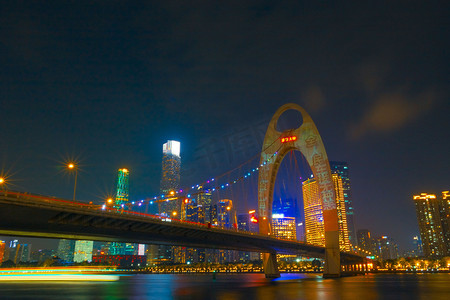 城市夜景猎德桥海珠蓝橙摄影图配图