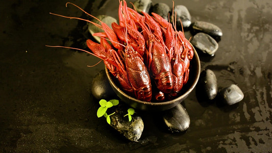 生鲜小龙虾摄影照片_黑色背景上石头旁碗里的小龙虾