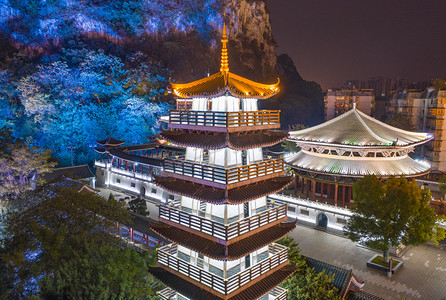 城市夜晚柳州文庙夜景景区无人机摄影图配图