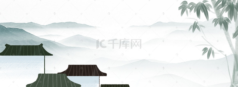 式建筑背景图片_中国风绘画徽式建筑灰色banner