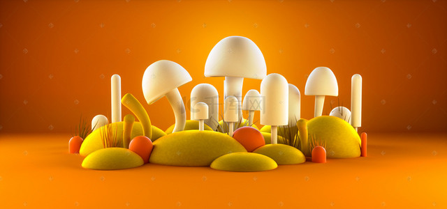 温暖场景背景图片_C4D卡通微景蘑菇场景