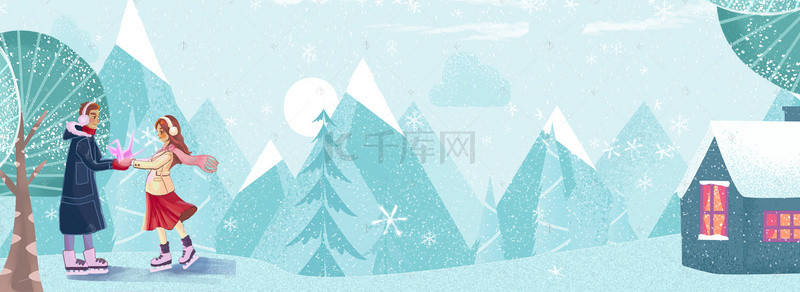 情侣拍照板背景图片_情侣冬日滑雪出行插画背景