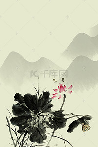 高清中国山水画背景图片_复古水墨荷花工笔画高清背景