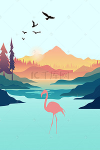 湖光山色背景图片_矢量自然风光手绘唯美背景
