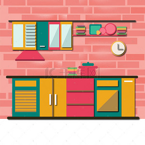 插画海报背景素材背景图片_点状方格厨房插画海报背景素材
