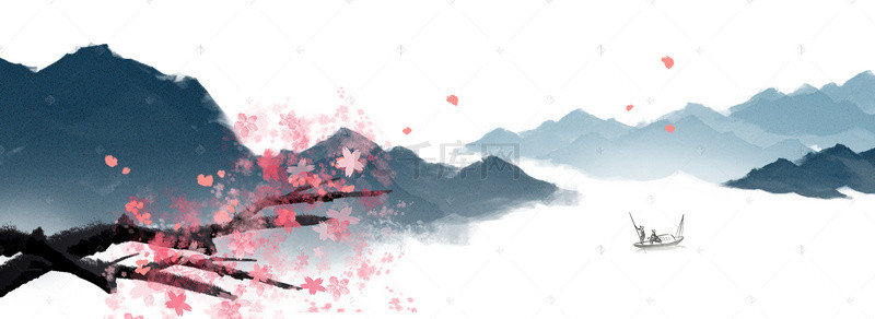 中国风水墨山背景图片_水墨樱花山水樱花节背景