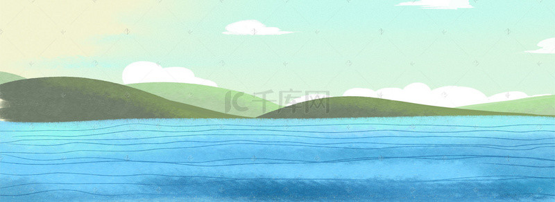 蓝色海洋插画背景图片_蓝色的天空云朵免抠图