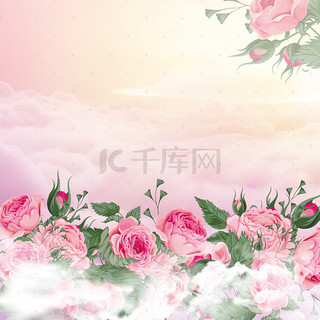 花丛白云粉色玫瑰花束花蕾粉色背景素材