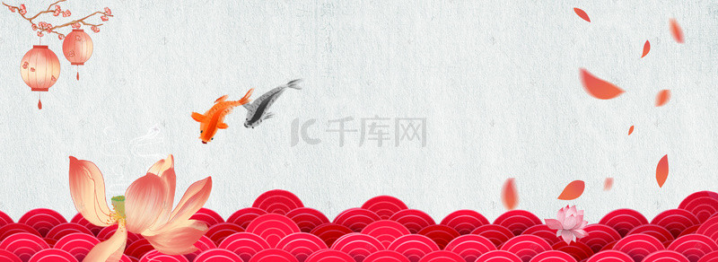 红花瓣花瓣背景图片_古风鲤鱼漂浮红色花瓣Banner