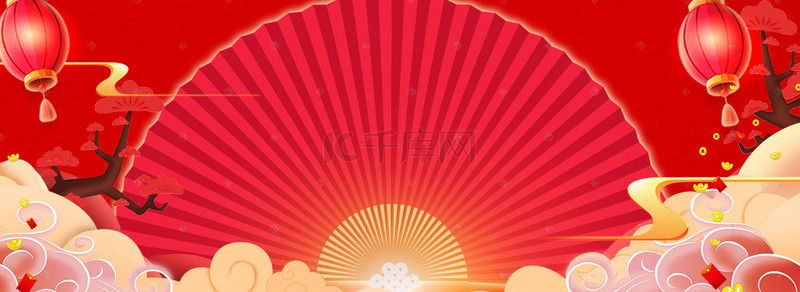 扇子新年背景图片_新年中国风扇子红色电商海报背景