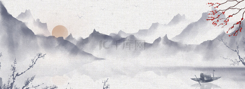 花卉背景素材背景图片_复古白色中国风水墨海报banner