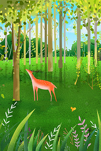 风景手绘海报背景图片_清新手绘树林中的鹿
