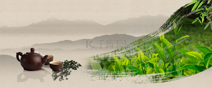 竹叶背景图片_黄色手绘茶园茶文化海报背景