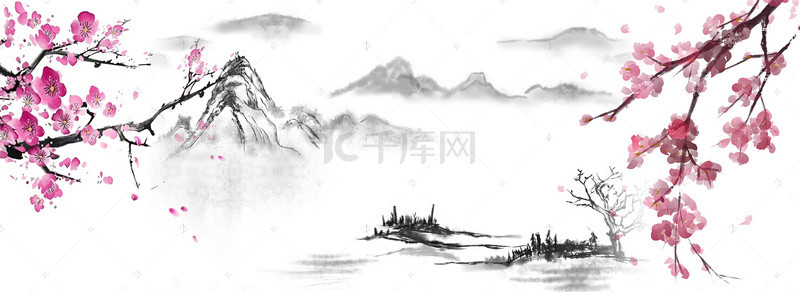 中式纹样背景图片_玫红桃红燕子柳树春天背景banner