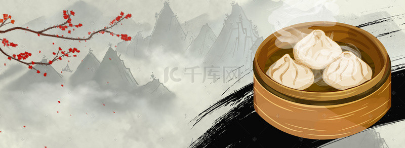 水墨风宣传背景图片_中国水墨风早餐中华传统美食生煎包