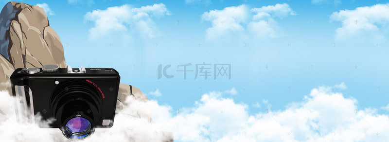 相机banner背景图片_数码3D立体蓝色天空单反炫酷镜头