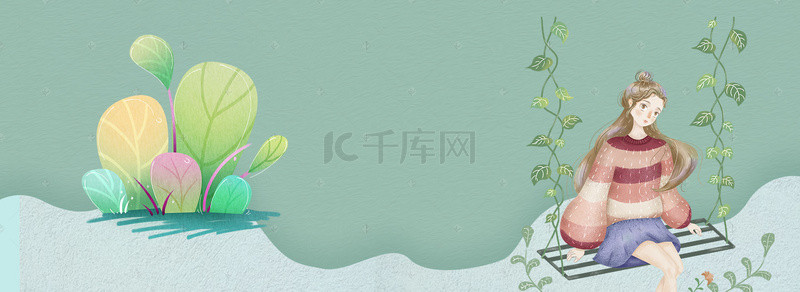 绿广告背景图片_春季上新几何叶子手绘卡通女生绿banne