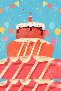 食品海报红色背景图片_红色生日蛋糕蓝色背景食品甜点海报